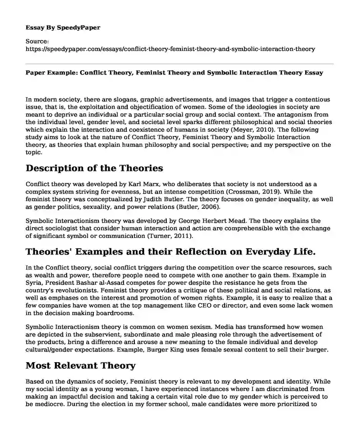 Paper Example: Conflict Theory, Feminist Theory and Symbolic Interaction Theory