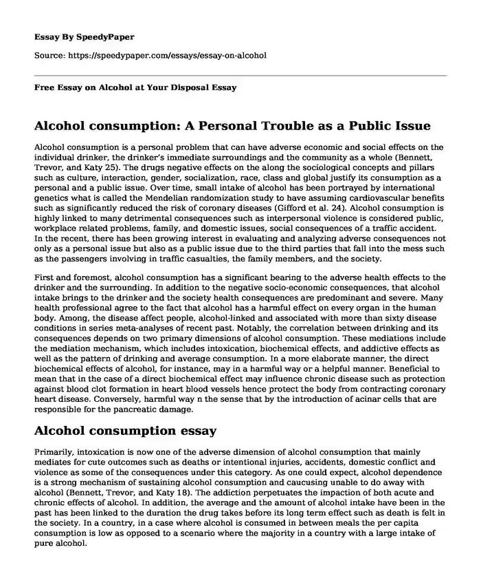 Free Essay on Alcohol at Your Disposal