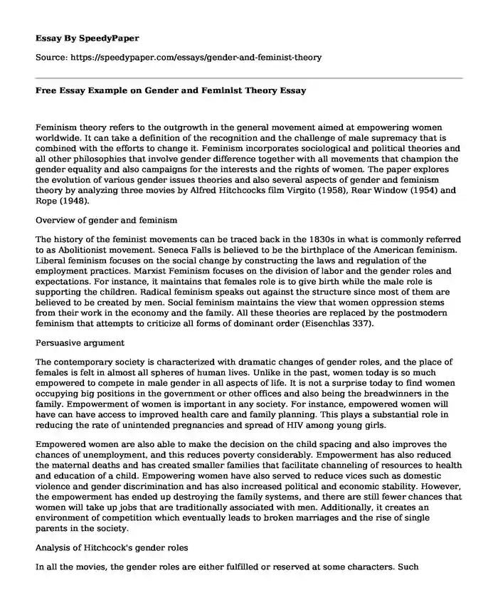 Free Essay Example on Gender and Feminist Theory