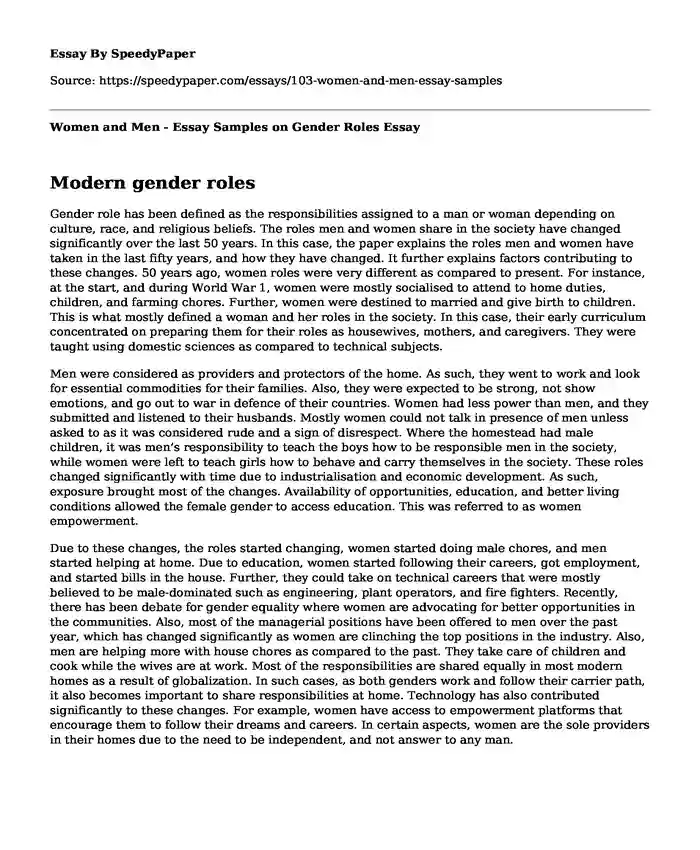 Women and Men - Essay Samples on Gender Roles