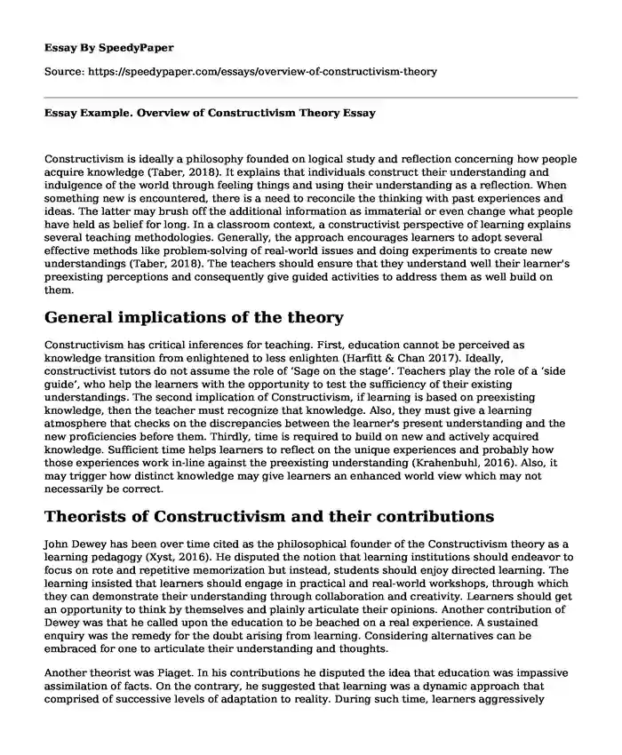 Essay Example. Overview of Constructivism Theory