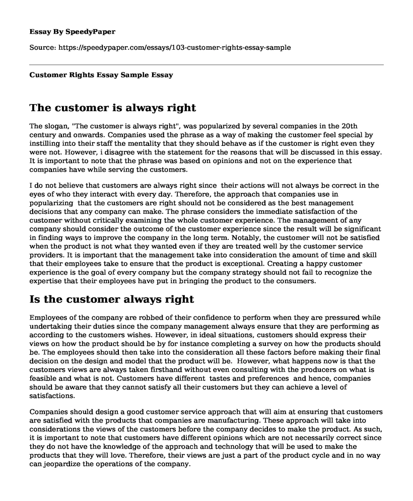 Customer Rights Essay Sample