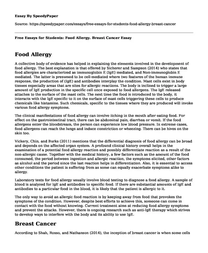 Free Essays for Students: Food Allergy. Breast Cancer