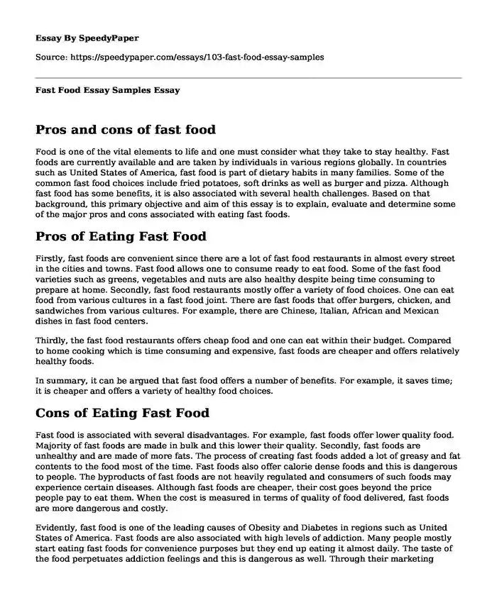 Fast Food Essay Samples