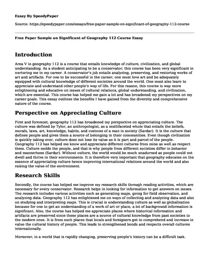 Free Paper Sample on Significant of Geography 112 Course