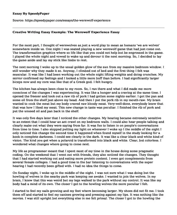 Creative Writing Essay Example: The Werewolf Experience