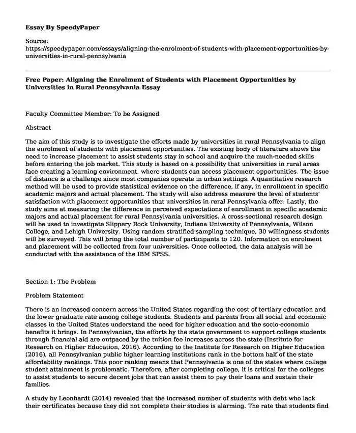 Free Paper: Aligning the Enrolment of Students with Placement Opportunities by Universities in Rural Pennsylvania