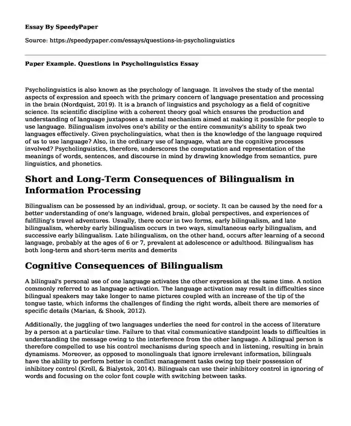 Paper Example. Questions in Psycholinguistics