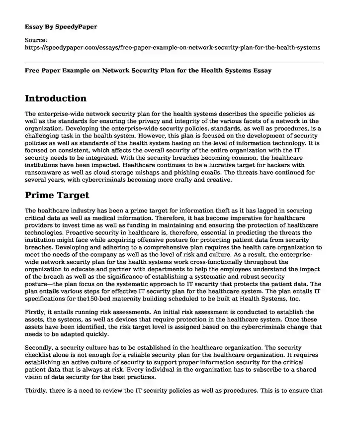 Free Paper Example on Network Security Plan for the Health Systems