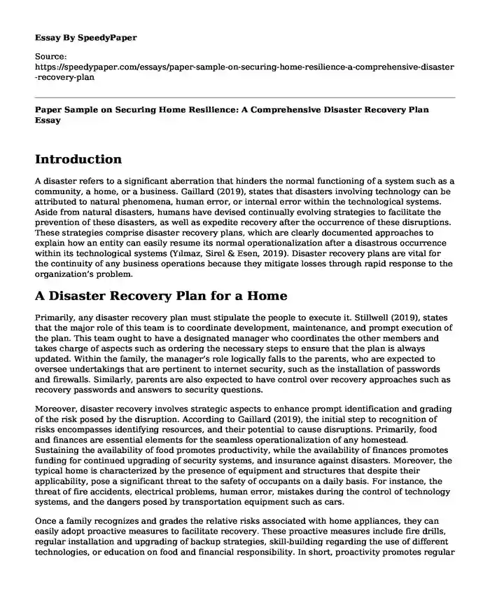 Paper Sample on Securing Home Resilience: A Comprehensive Disaster Recovery Plan