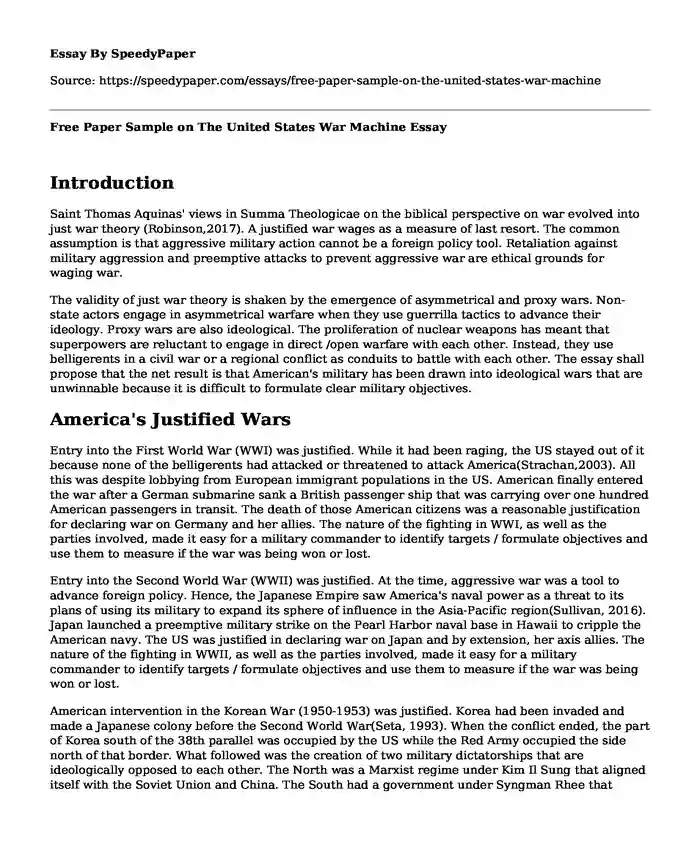 Free Paper Sample on The United States War Machine