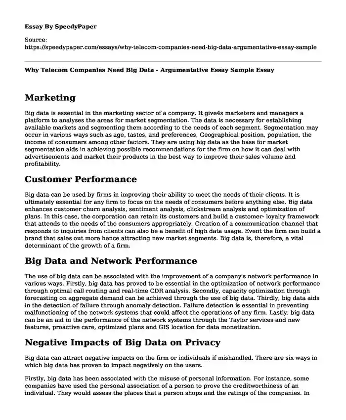 Why Telecom Companies Need Big Data - Argumentative Essay Sample