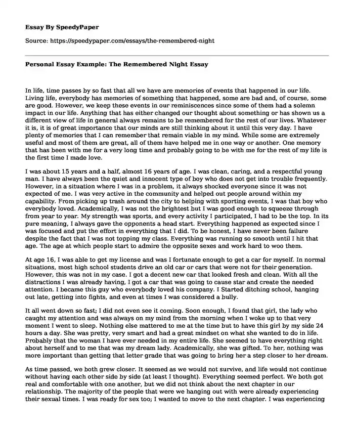 Personal Essay Example: The Remembered Night