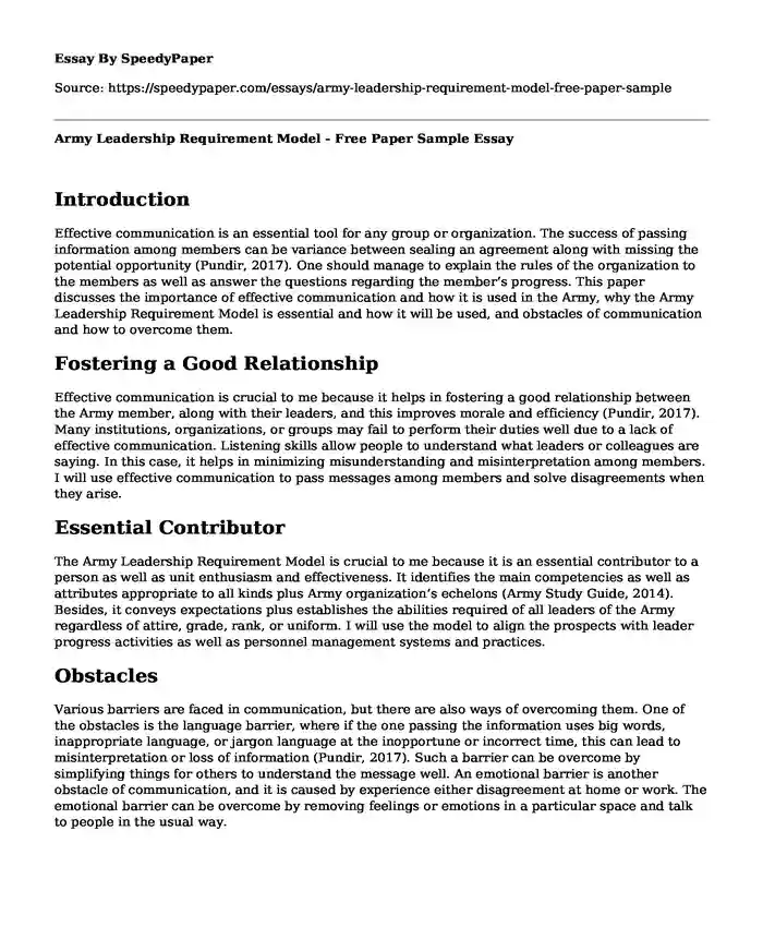 Army Leadership Requirement Model - Free Paper Sample