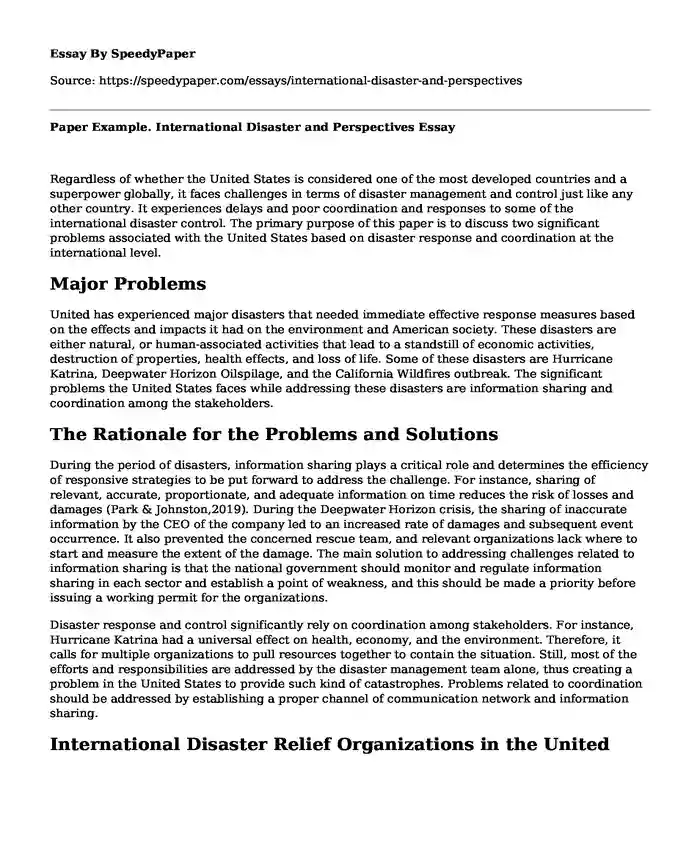 Paper Example. International Disaster and Perspectives
