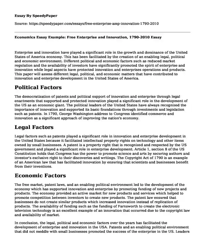 Economics Essay Example: Free Enterprise and Innovation, 1790-2010