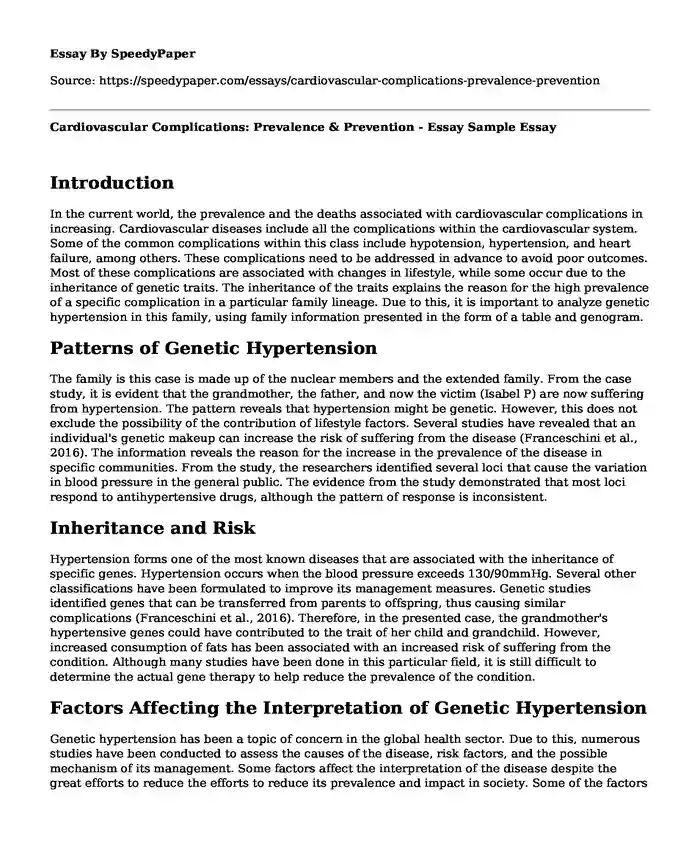 Cardiovascular Complications: Prevalence & Prevention - Essay Sample