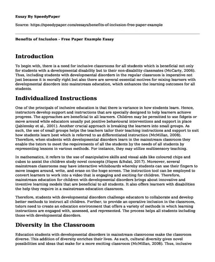 Benefits of Inclusion - Free Paper Example