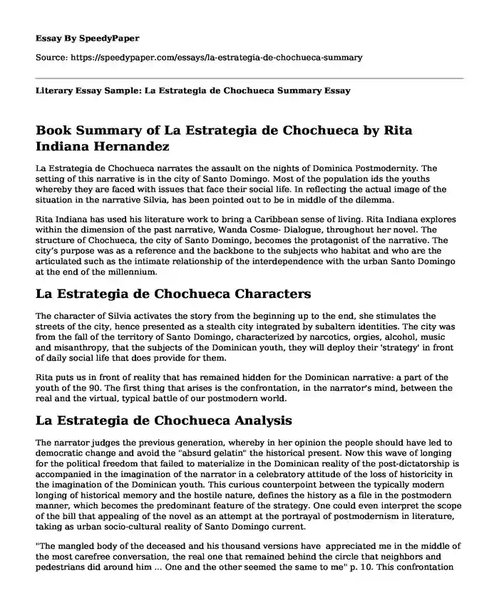 Literary Essay Sample: La Estrategia de Chochueca Summary 