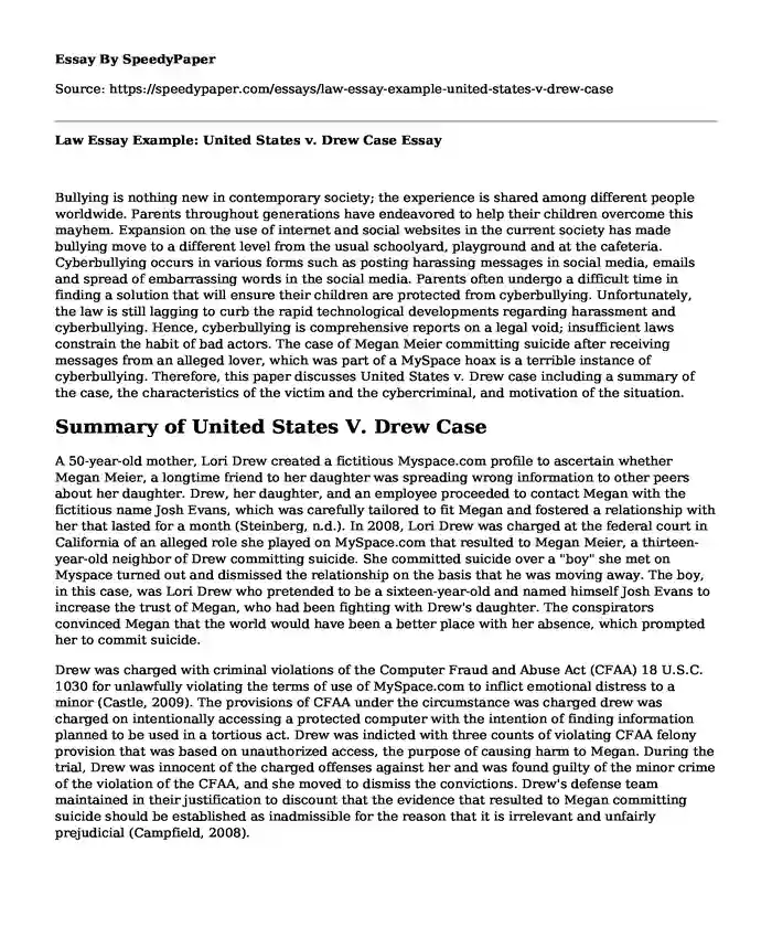 Law Essay Example: United States v. Drew Case