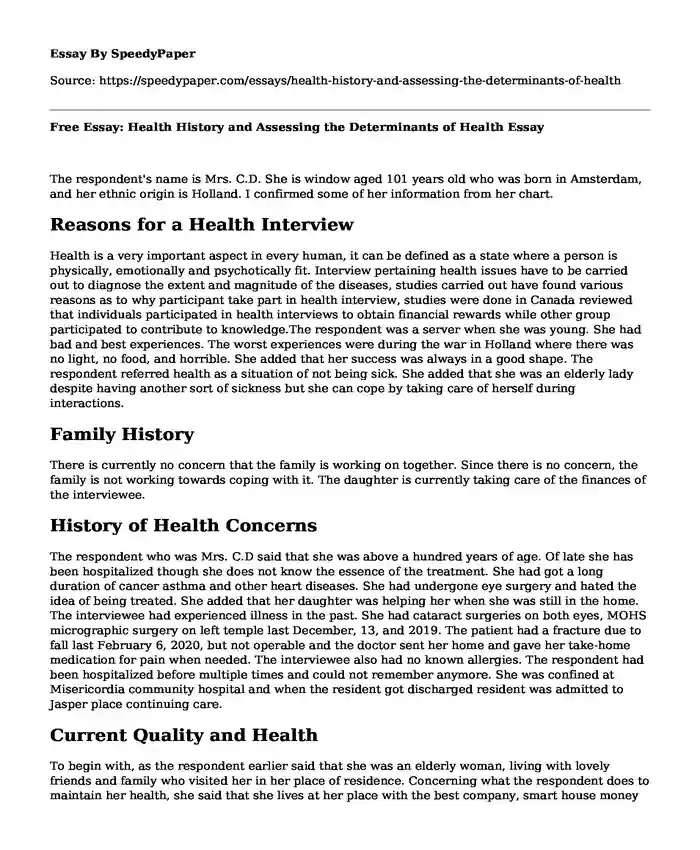 Free Essay: Health History and Assessing the Determinants of Health