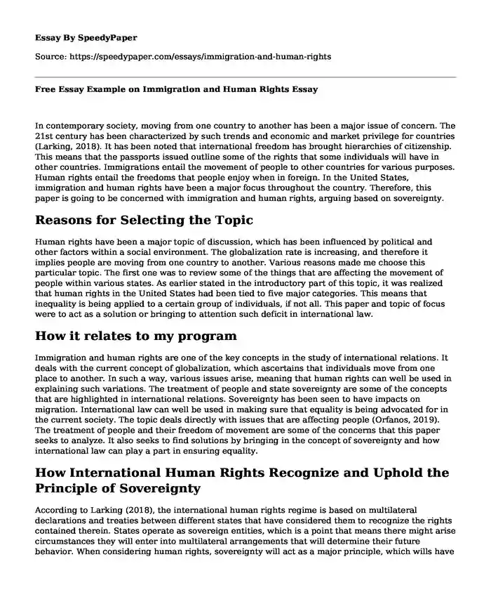 Free Essay Example on Immigration and Human Rights
