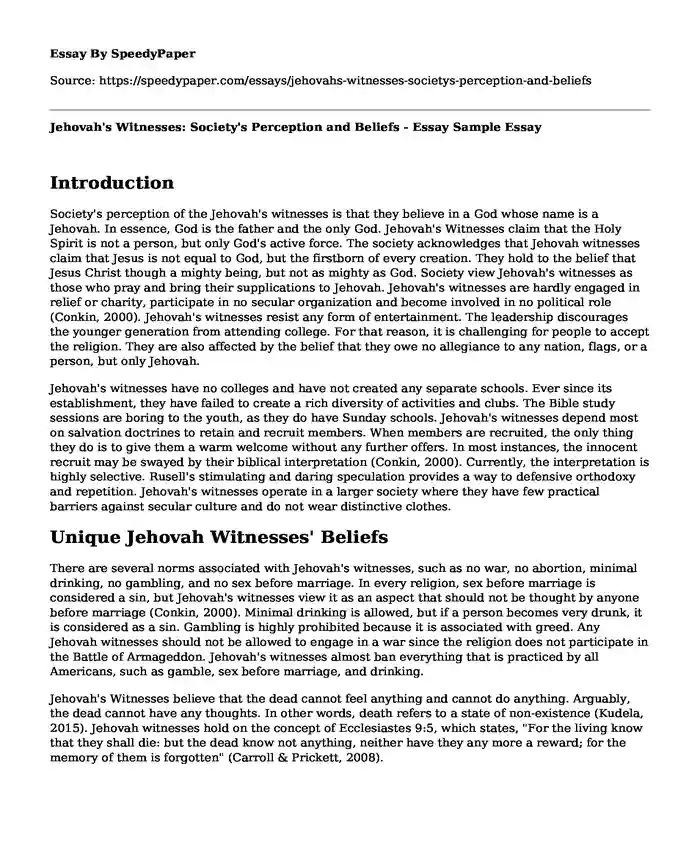 Jehovah's Witnesses: Society's Perception and Beliefs - Essay Sample