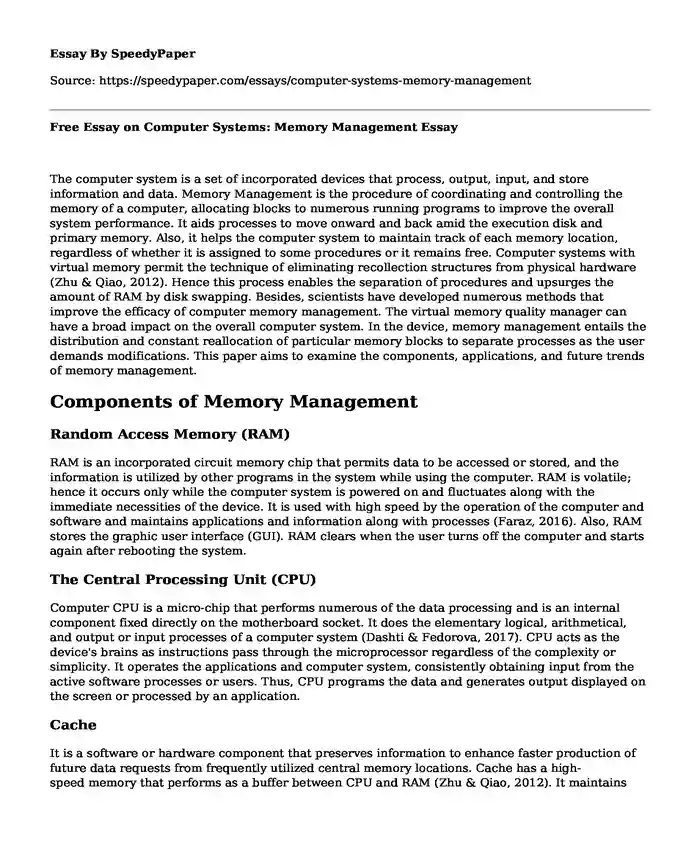 Free Essay on Computer Systems: Memory Management