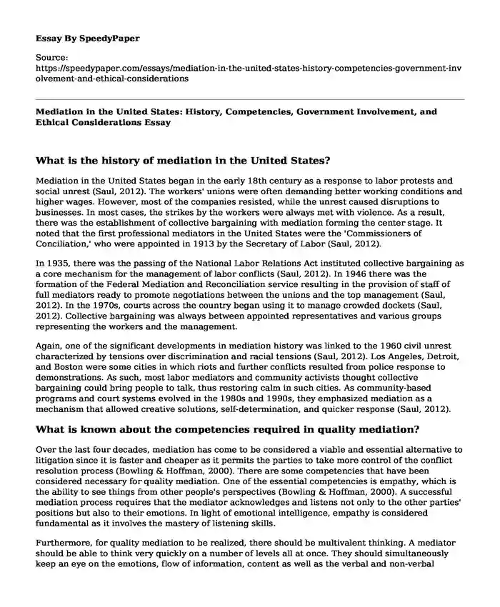 Mediation in the United States: History, Competencies, Government Involvement, and Ethical Considerations