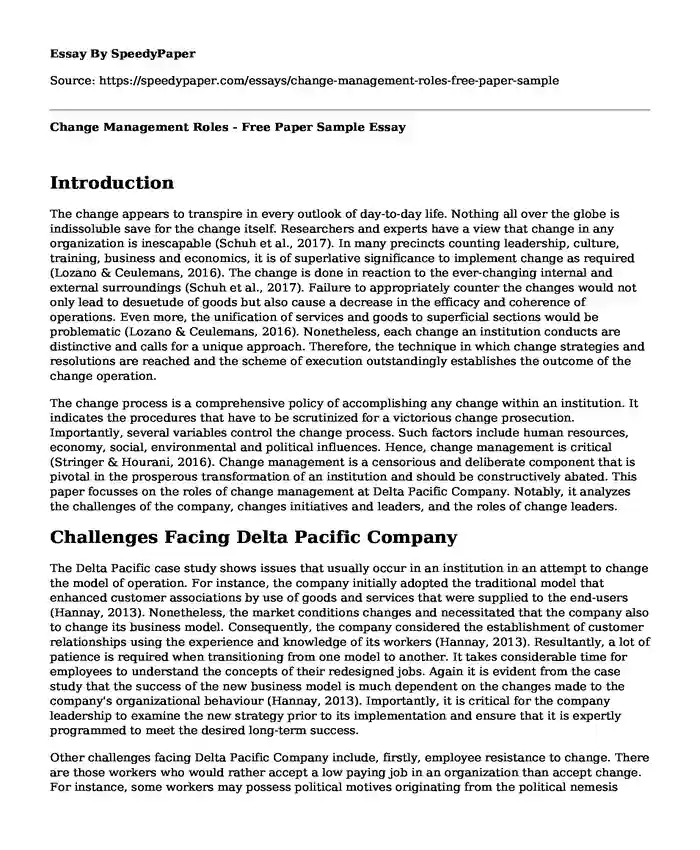 Change Management Roles - Free Paper Sample