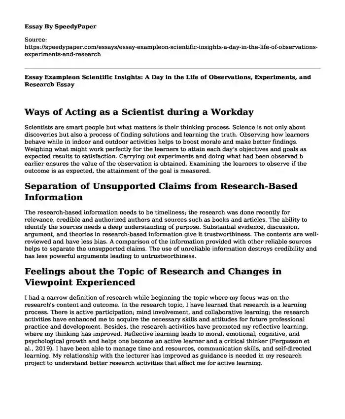 Essay Exampleon Scientific Insights: A Day in the Life of Observations, Experiments, and Research
