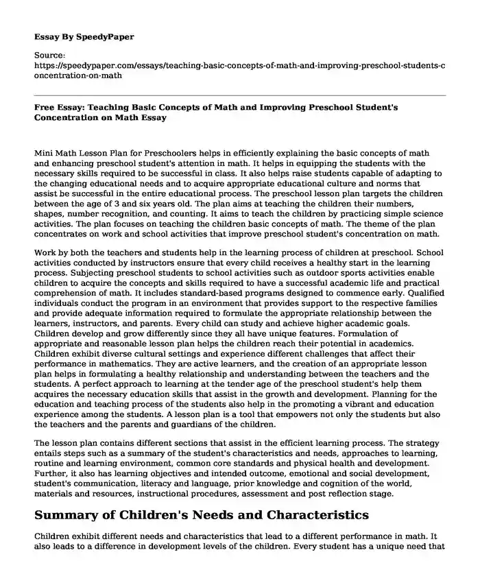 Free Essay: Teaching Basic Concepts of Math and Improving Preschool Student's Concentration on Math