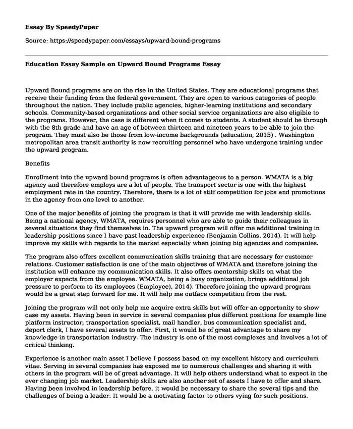 Education Essay Sample on Upward Bound Programs