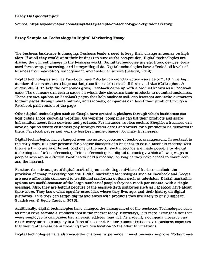 Essay Sample on Technology in Digital Marketing