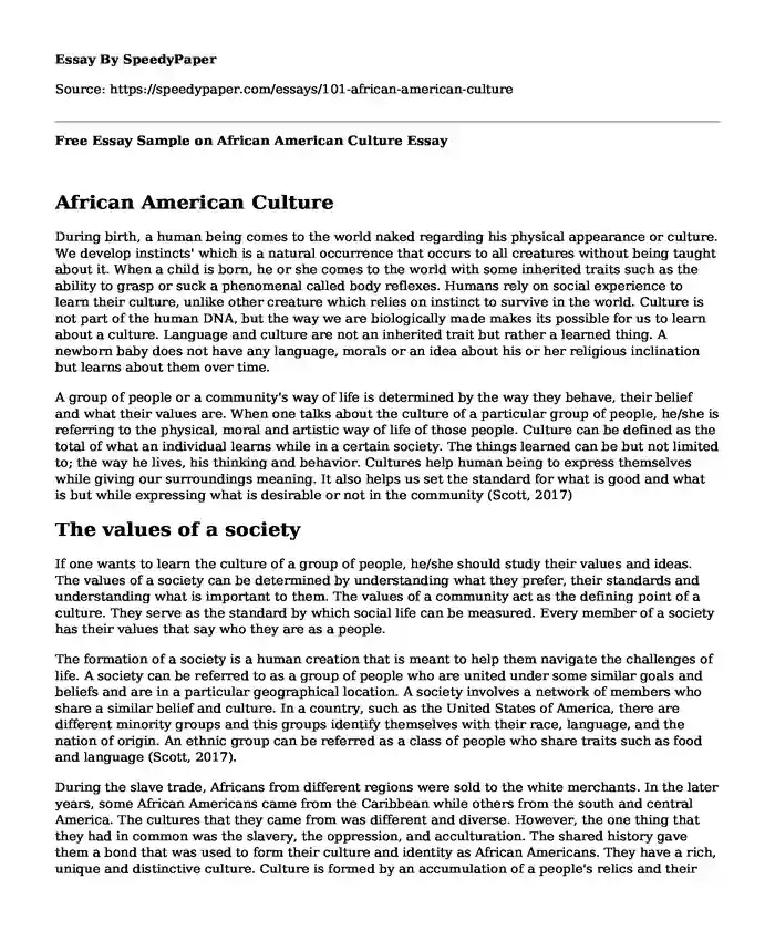 Free Essay Sample on African American Culture