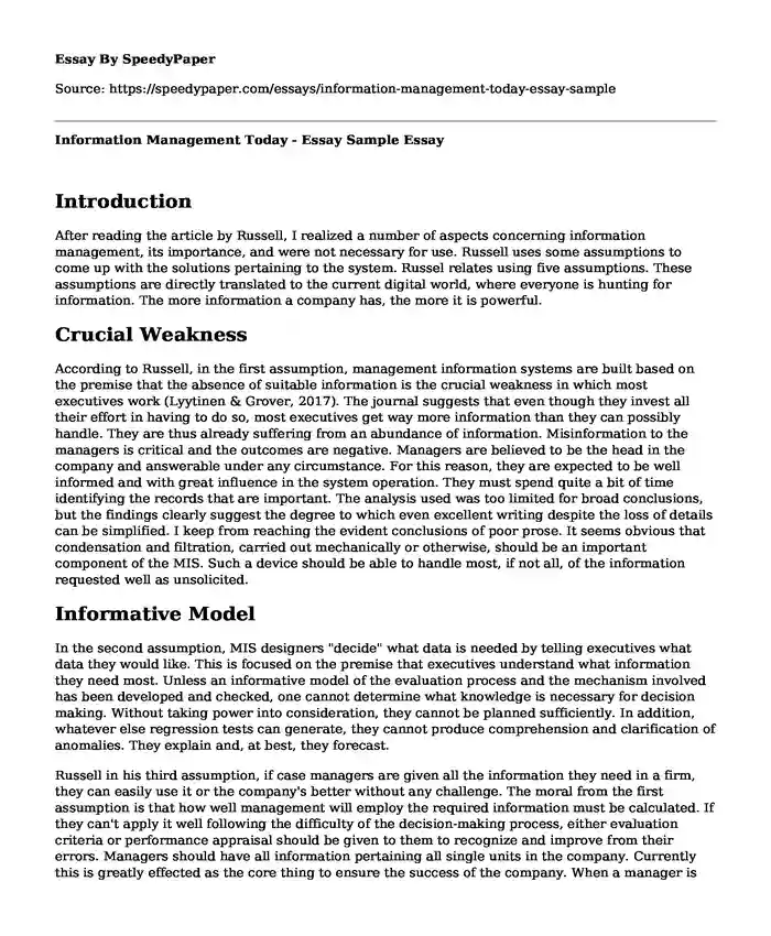 Information Management Today - Essay Sample