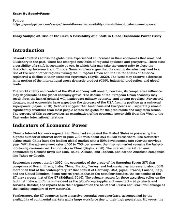 Essay Sample on Rise of the Rest: A Possibility of a Shift in Global Economic Power