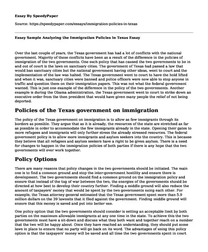 Essay Sample Analyzing the Immigration Policies in Texas