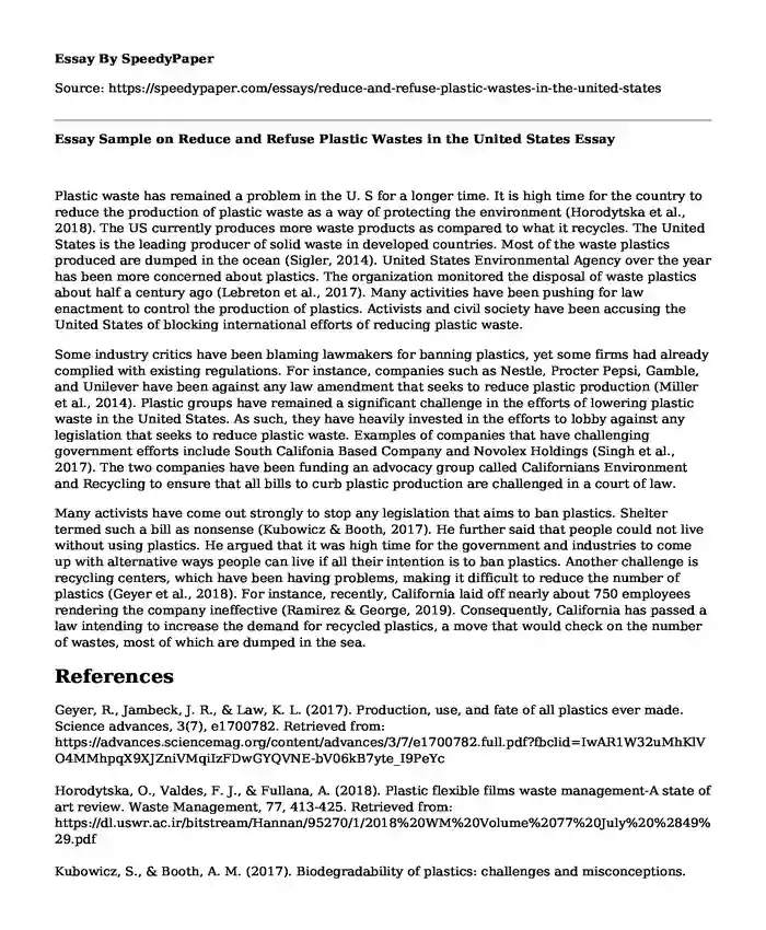 Essay Sample on Reduce and Refuse Plastic Wastes in the United States