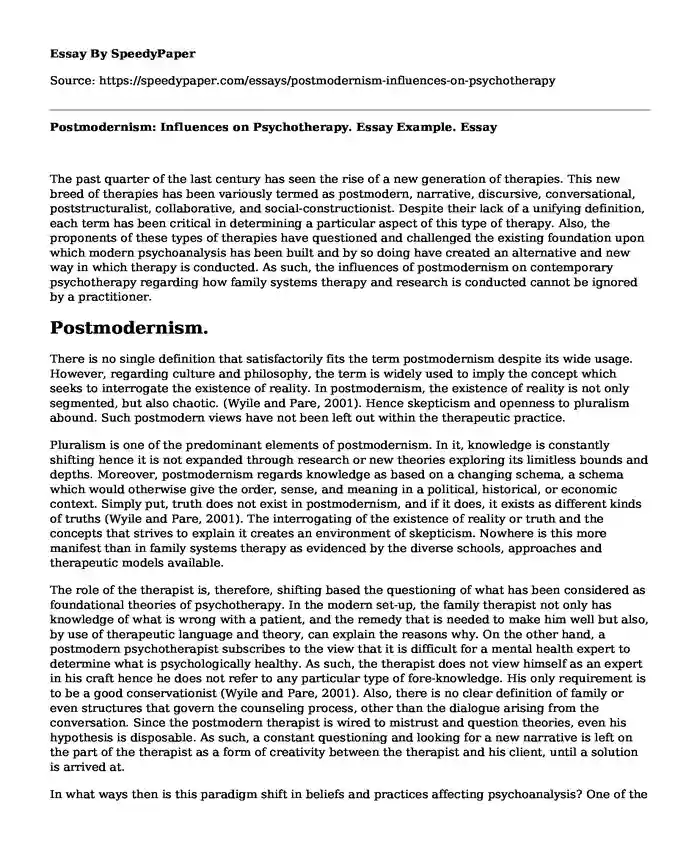 Postmodernism: Influences on Psychotherapy. Essay Example.