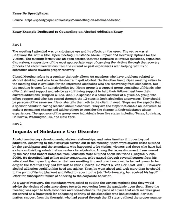 Essay Example Dedicated to Counseling on Alcohol Addiction
