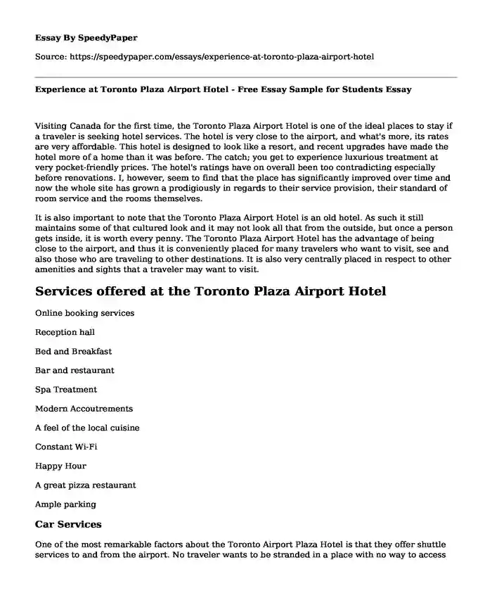 Experience at Toronto Plaza Airport Hotel - Free Essay Sample for Students