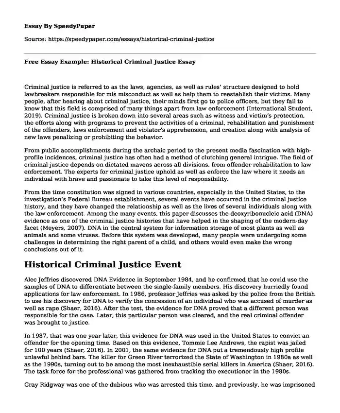 Free Essay Example: Historical Criminal Justice