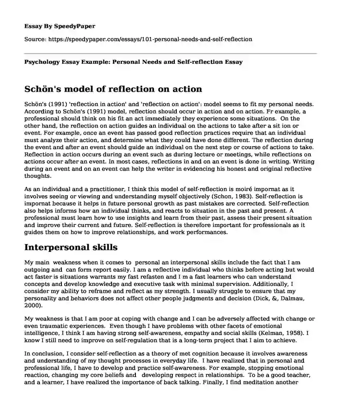 Psychology Essay Example: Personal Needs and Self-reflection