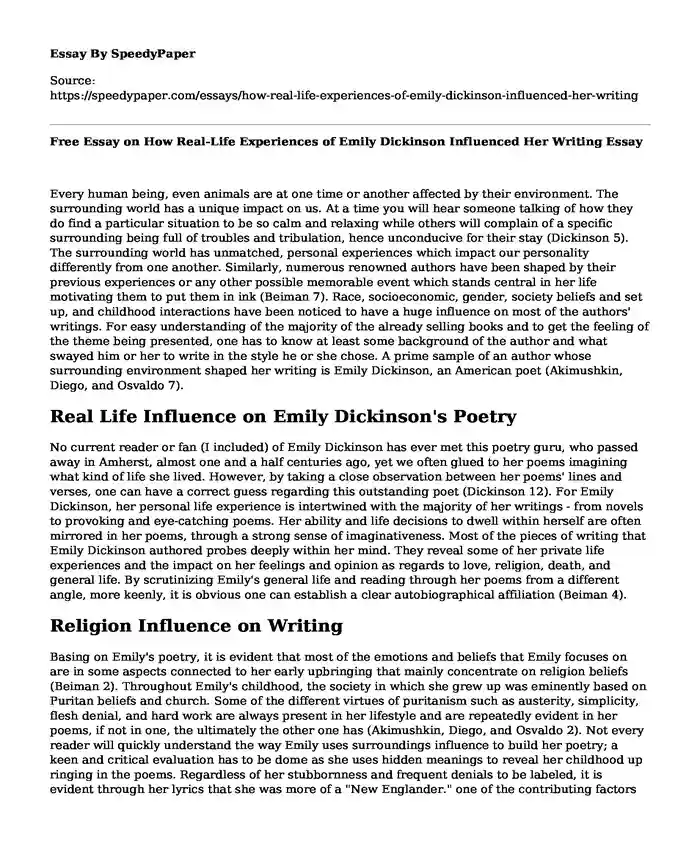 Free Essay on How Real-Life Experiences of Emily Dickinson Influenced Her Writing
