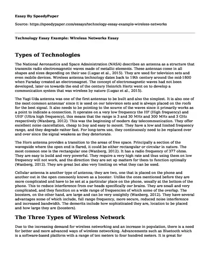 Technology Essay Example: Wireless Networks