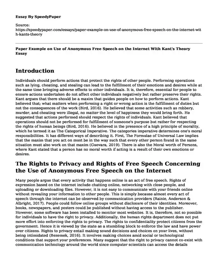 Paper Example on Use of Anonymous Free Speech on the Internet With Kant's Theory