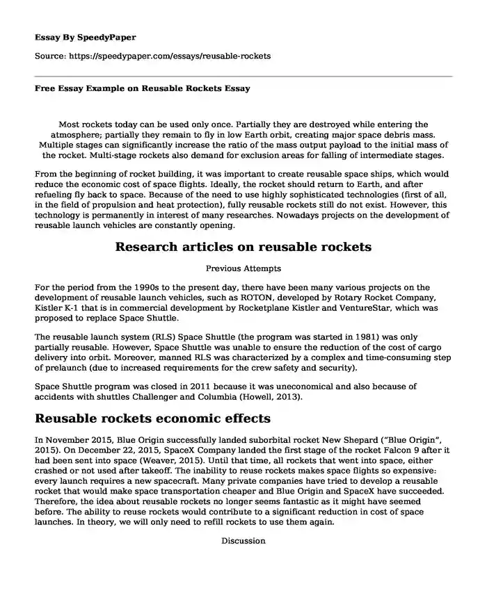 Free Essay Example on Reusable Rockets