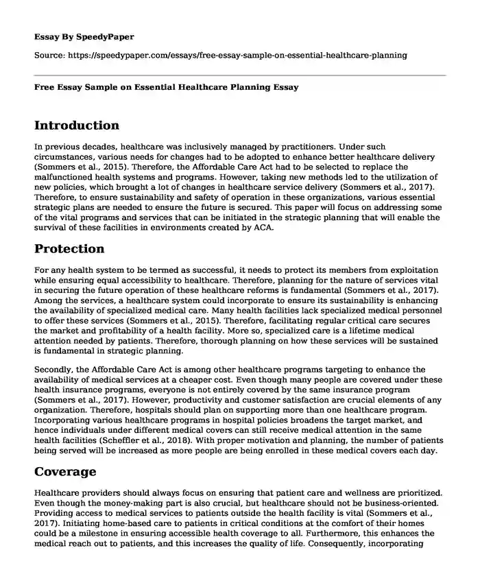 Free Essay Sample on Essential Healthcare Planning