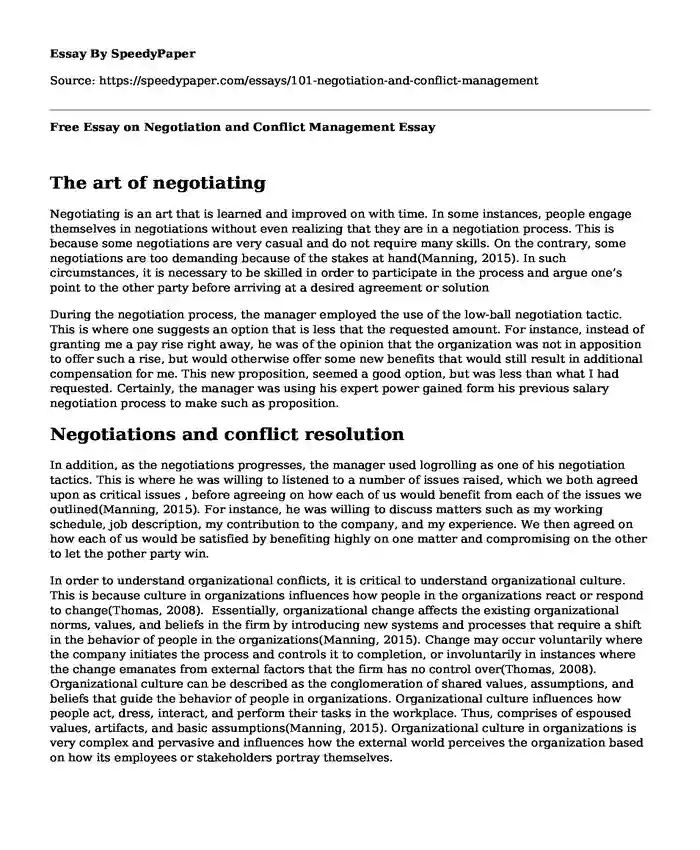 Free Essay on Negotiation and Conflict Management